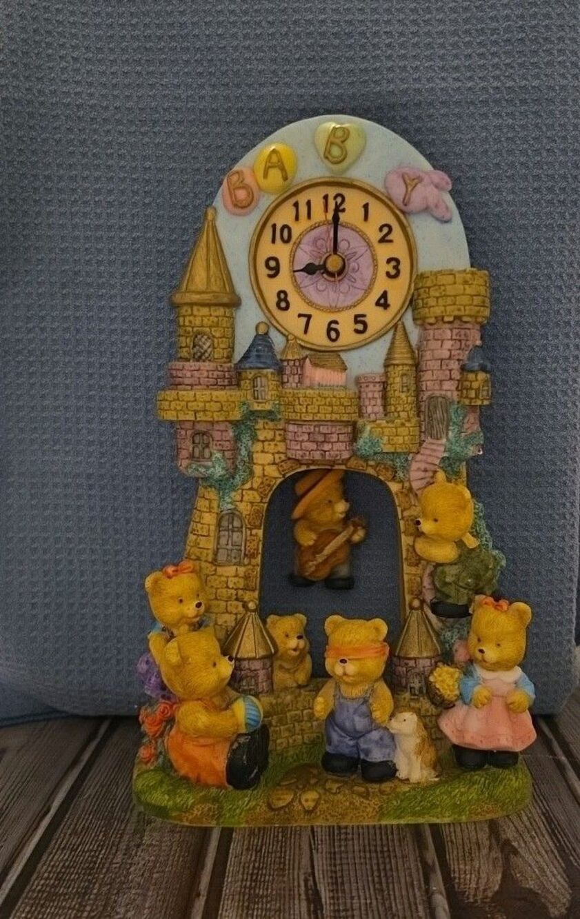 Vintage Nursery Wall Or Shelf Teddy Bear Castle Pendulum Clock